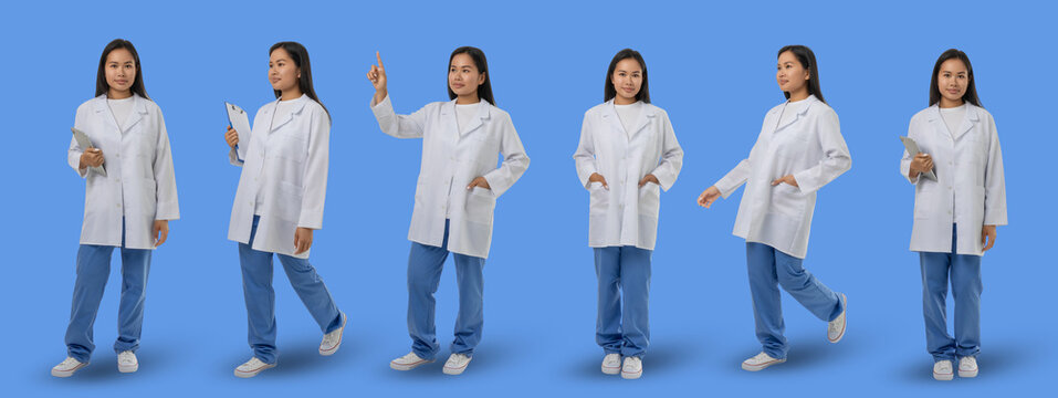 Set, Medical worker poses for a mockup against a solid blue backdrop