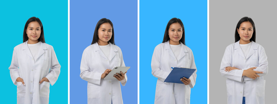 Collage, Woman in medical outfit poses for health-related tasks