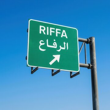 Riffa Directional Sign In Arabic And English Under Clear Blue Sky
