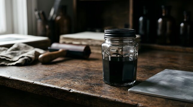 Black ink jar on a rustic wooden table in a traditional printmaking studio