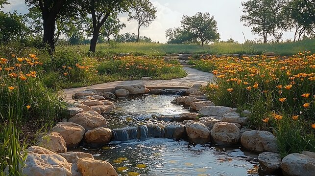 A winding stone pathway leads through a meadow of orange wildflowers beside a babbling brook