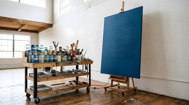 Blank blue canvas on an easel in a sunlit artist studio workshop space