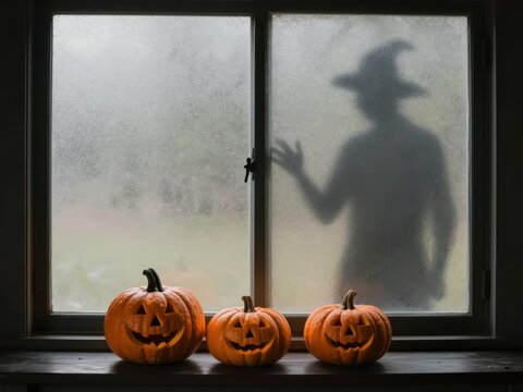 Jack-o'-lanterns with mysterious shadow behind frosted window