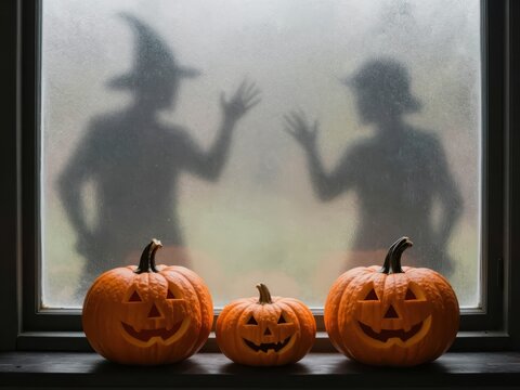 Carved pumpkins with shadowy figures behind frosted glass