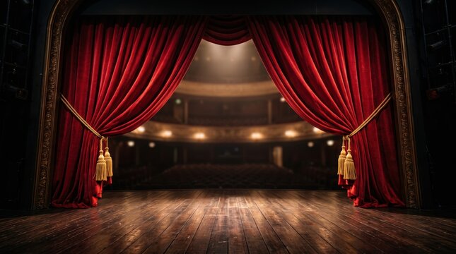 Crimson velvet stage curtains draped open to reveal a dark empty theater auditorium with wooden floorboards and ornate gold trim framing the proscenium arch