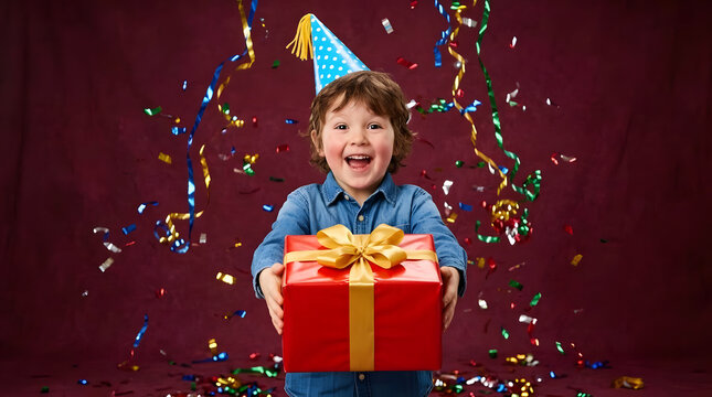 Excited young boy wearing a party hat presenting a red gift box with confetti floating against a burgundy background