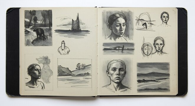 Artist's Sketchbook: An open sketchbook displays a collection of charcoal sketches, featuring portraits, landscapes, and abstract forms, showcasing artistic exploration and creativity.