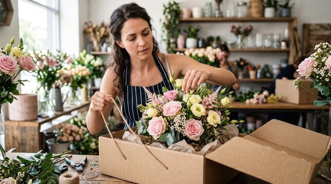 Florist with long dark hair wearing a striped apron arranging a bouquet of pink and yellow roses inside a cardboard gift box in a flower shop setting