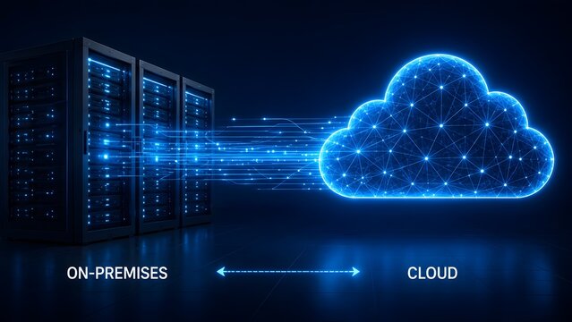 Cloud migration strategy showcasing digital transition from on premises servers to virtual cloud infrastructure
