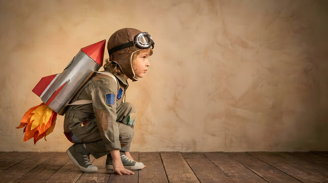 Side profile of a young boy in an aviator helmet crouching with a cardboard rocket jetpack ready to launch