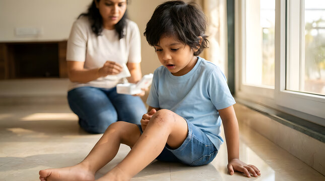 Caring mother preparing first aid for her young Indian son with a scraped knee sitting on the floor