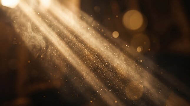 Golden sunlight beams cutting through dark air with floating dust particles and glowing bokeh orbs in a hazy atmosphere with warm amber light rays and soft focus textures