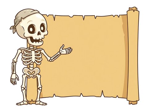 Playful cartoon skeleton wearing a headband gesturing beside a large blank old parchment paper on a clean white background