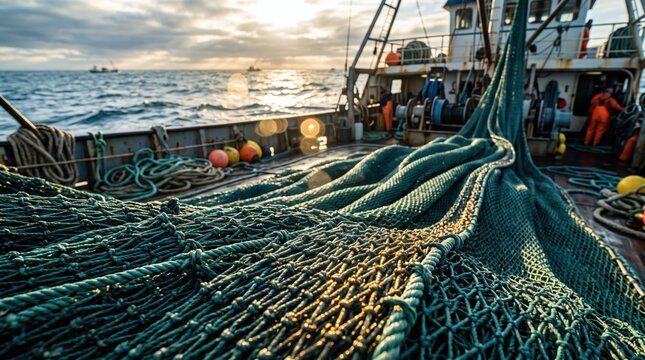 Green nylon fishing net texture on the deck of a trawler boat at sea with orange buoys and ocean waves under a sunset sky