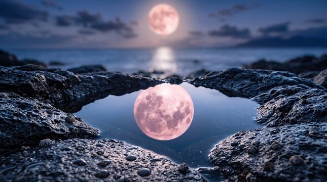Large pink full moon reflecting in a dark rocky tidepool at twilight with a blurred ocean horizon and soft clouds in the blue night sky