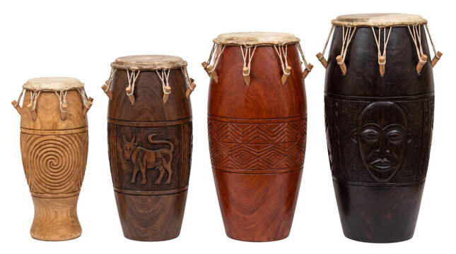 Four carved wooden conga drums isolated on transparent background png