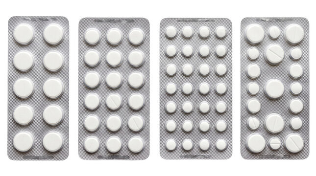 four white round pill blister packs isolated on transparent background png