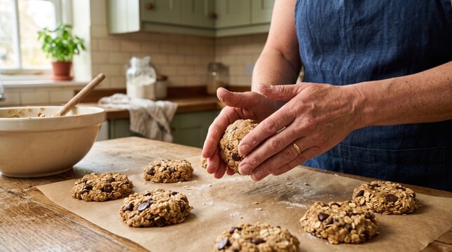 Person wearing a blue apron shaping raw oatmeal chocolate chip cookie dough balls on parchment paper on a rustic wooden kitchen table with a mixing bowl nearby