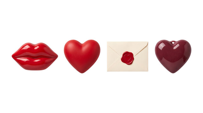 red lips two hearts and envelope isolated on transparent background png
