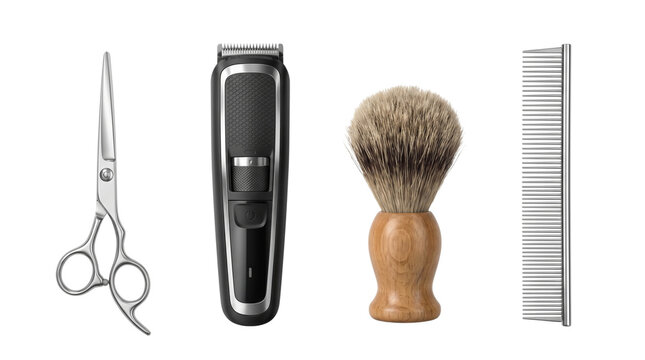 barber tools scissors clipper brush comb isolated on transparent background png