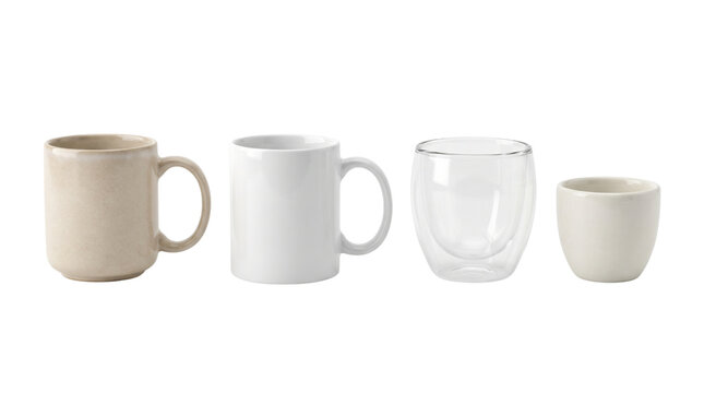 four assorted ceramic and glass coffee cups isolated on transparent background png