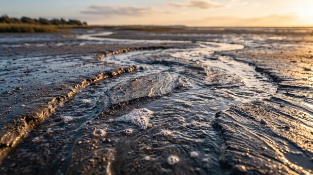 Shallow water flowing through winding channels in wet dark mud at low tide during golden hour with soft sunlight reflecting on the rippled surface and textured earth banks in a coastal landscape