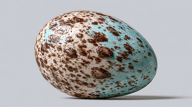 Speckled bird egg with light blue and white shell rests on a surface