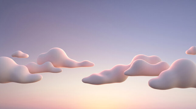 Pemandangan 3D awan-awan halus bergaya minimalis yang melayang di sepanjang garis ufuk langit senja pastel.