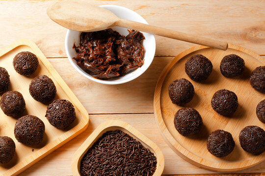 Brigadeiro a traditional Brazilian dessert made with chocolate and coated in sprinkles.