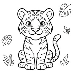 Fototapeta premium Adorable baby tiger cub sitting sweetly surrounded by tropical leaves in line art