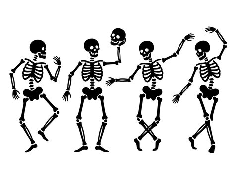Black skeleton silhouettes dancing in a sequence of poses isolated on a white background
