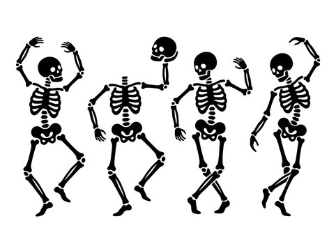 Set of black silhouette skeletons in dancing poses isolated on a plain white background