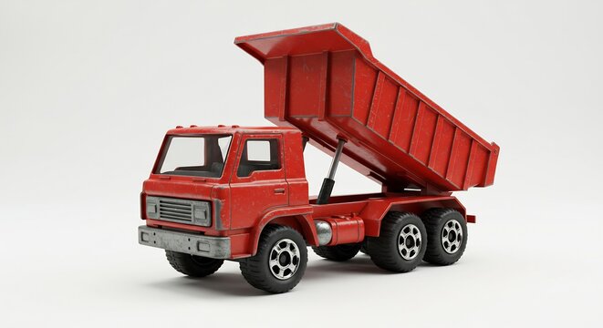 Toy Tipper Truck: A classic red toy tipper truck, detailed with realistic features, is presented in a studio setting, highlighting its construction and design.