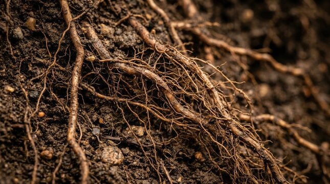Plant roots spreading through dark moist soil