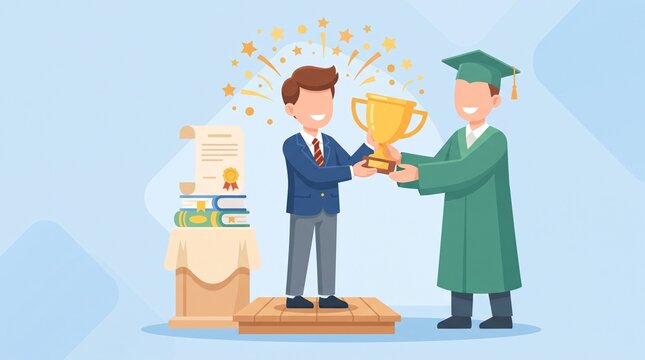 Faceless male student receiving a golden trophy with a certificate and books, celebrating academic achievement, educational success and outstanding school performance.