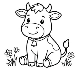 Fototapeta premium Adorable cartoon cow sitting in a field of flowers black and white illustration