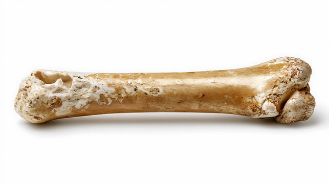 Fractured human femur bone rests on a white background