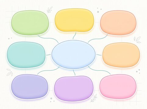 Pastel Color Mind Map Template with Central Bubble and Eight Connected Oval Shapes for Brainstorming and Creative Business Planning Concepts.