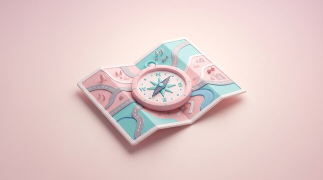 Folded road map with compass 3D icon isolated on a pastel background, representing navigation, travel planning, route guidance, direction and geographic exploration