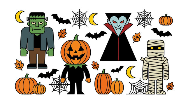 Cute Halloween monster collection featuring friendly cartoon Frankenstein, vampire, mummy, pumpkin head, bats, and spiderwebs on a white background