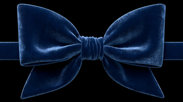 Dark blue velvet ribbon bow isolated against a black background