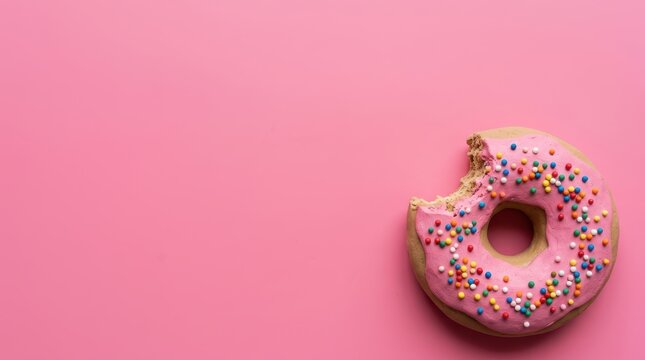 Bitten pink glazed donut on pink.