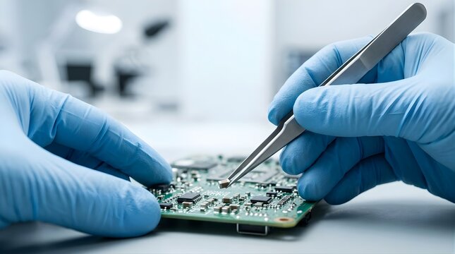 Technician repairing a computer circuit board using metal tweezers