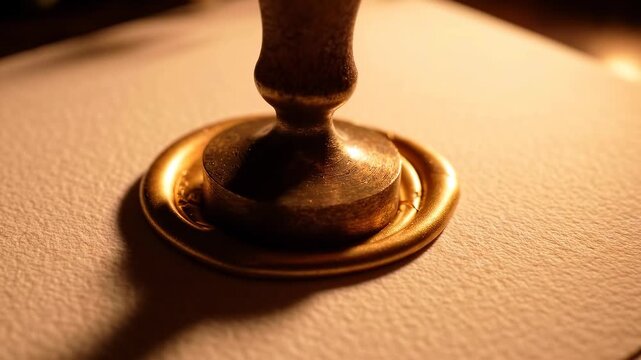 Golden wax seal stamp pressing into warm wax on elegant textured paper for wedding invitations