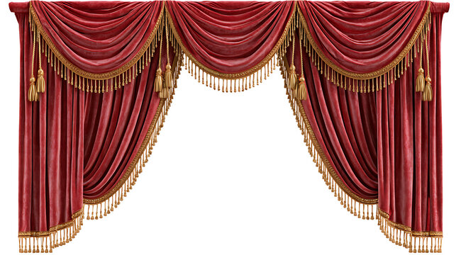 Red velvet curtains with golden fringe and tassels on a transparent background