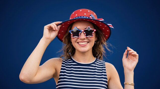 Woman wearing a red polka dot sunhat and star shaped sunglasses against a solid dark blue background