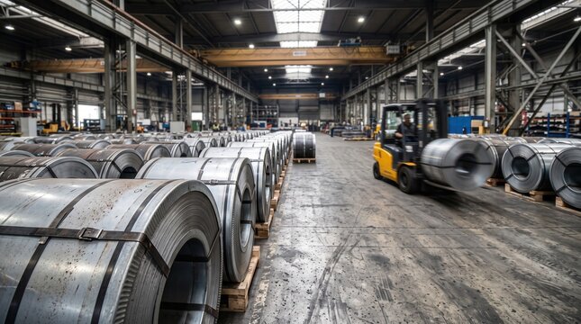 Yellow forklift carrying a large steel coil through a wide industrial warehouse with rows of stacked metal rolls on wooden pallets under ceilings