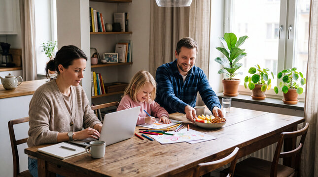 Family balancing work and play at the dining table