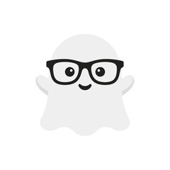 Obraz premium Cute Halloween Ghost Icon with Black Eyeglasses, Flat Design Vector Illustration of a Friendly White Spirit Mascot Wearing Spectacles on White Background for Holiday Decor