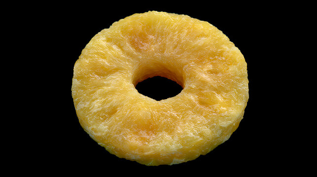 Pineapple ring slice with central hole is displayed on a black background